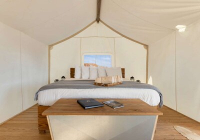 Suite Tent Interior Bed at Under Canvas Moab