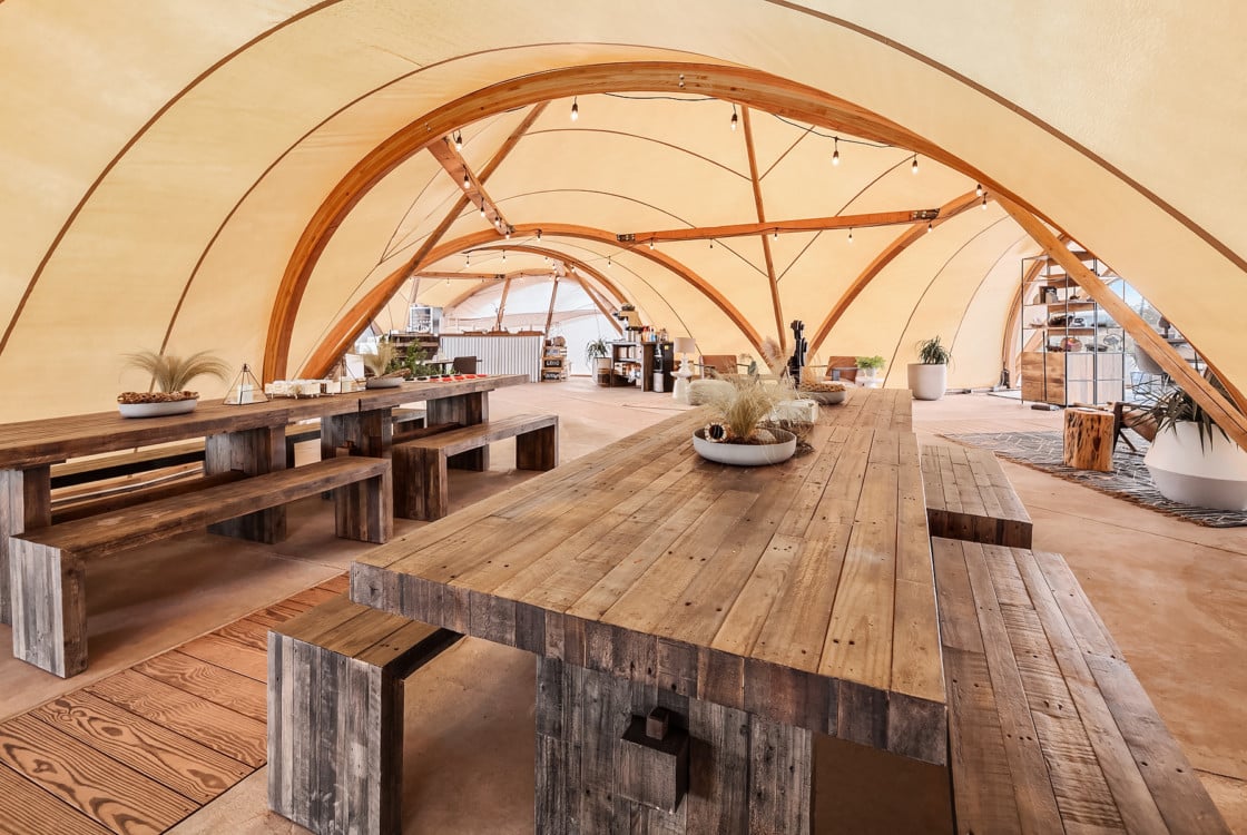 The interior of the on-site dining tent at Under Canvas Grand Canyon.