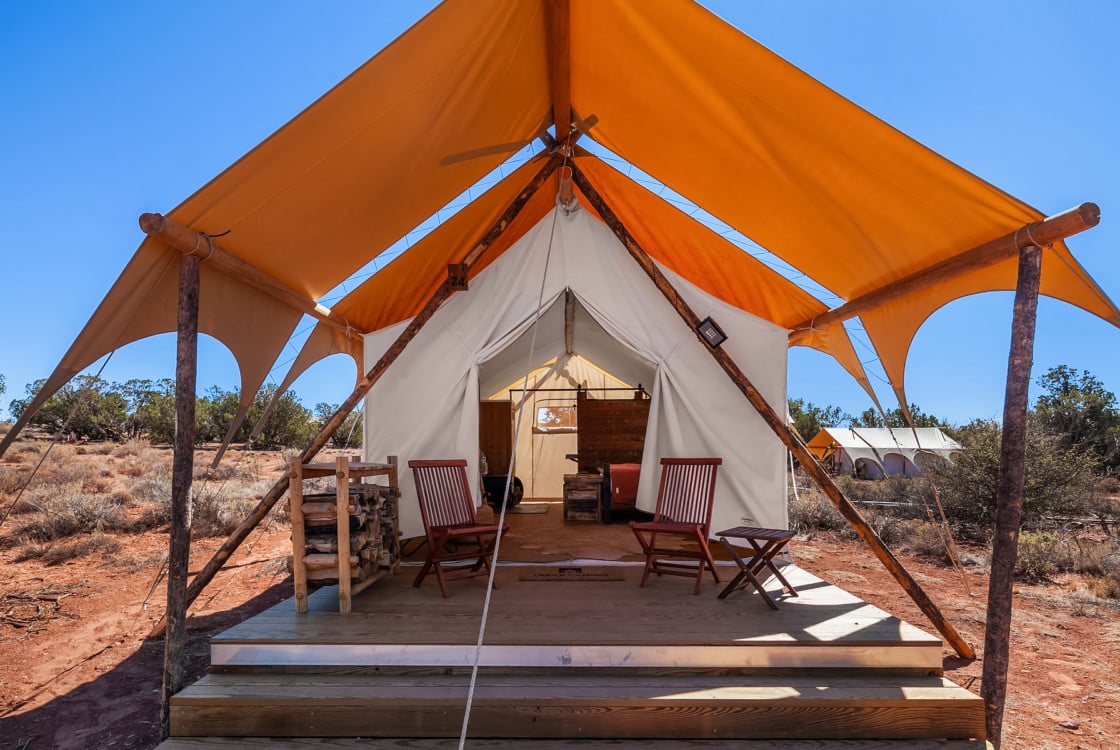 View of the entrance to one of the glamping tents at Under Canvas Grand Canyon.