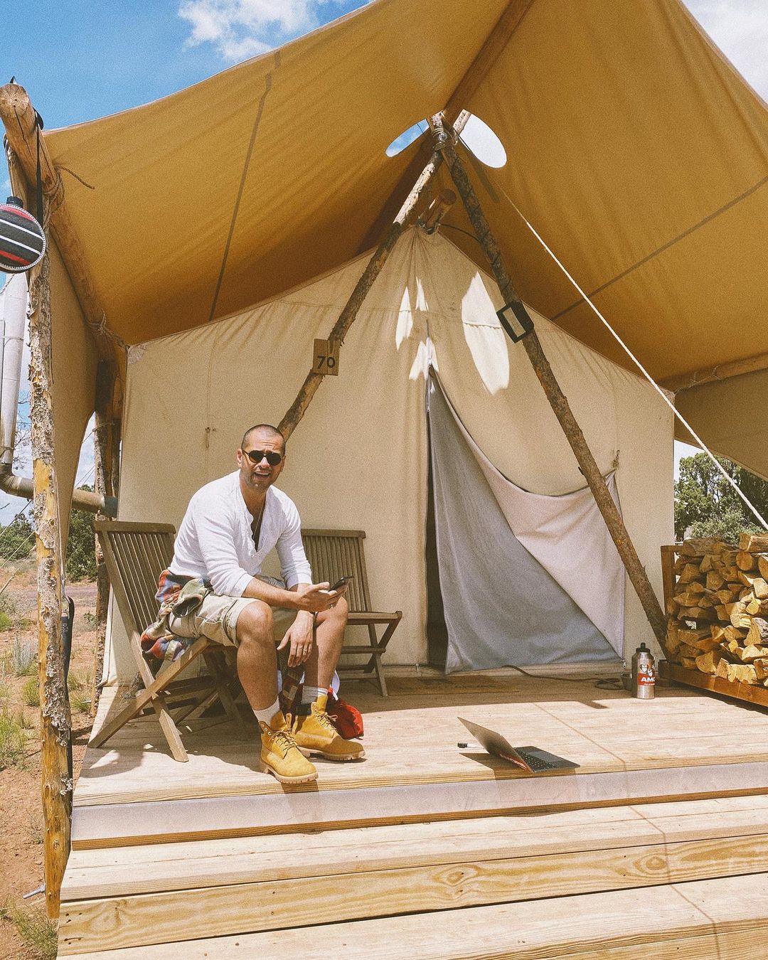 Pia Baroncini's husband Davide on tent deck at Under Canvas Grand Canyon
