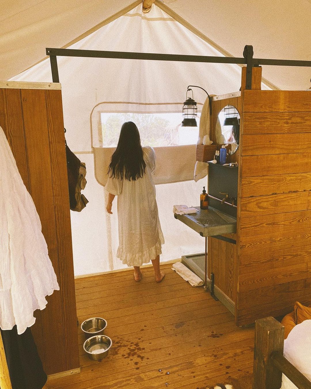Pia Baroncini getting ready in ensuite bath at Under Canvas Grand Canyon