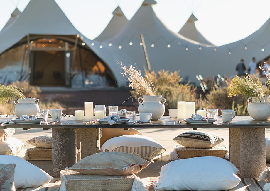 Dining setup for private event outside of lobby tent at Under Canvas Grand Canyon