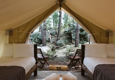 View of Safari with Three Twins tent at Under Canvas Mt. Rushmore