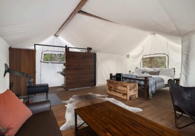 Under Canvas Mount Rushmore Suite Tent Interior with Sofa Bed and Ensuite Bathroom