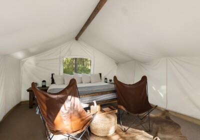 View of bed in Safari Tent at Under Canvas Glacier