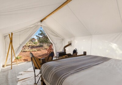 View looking out of Safari Tent at Under Canvas Grand Canyon