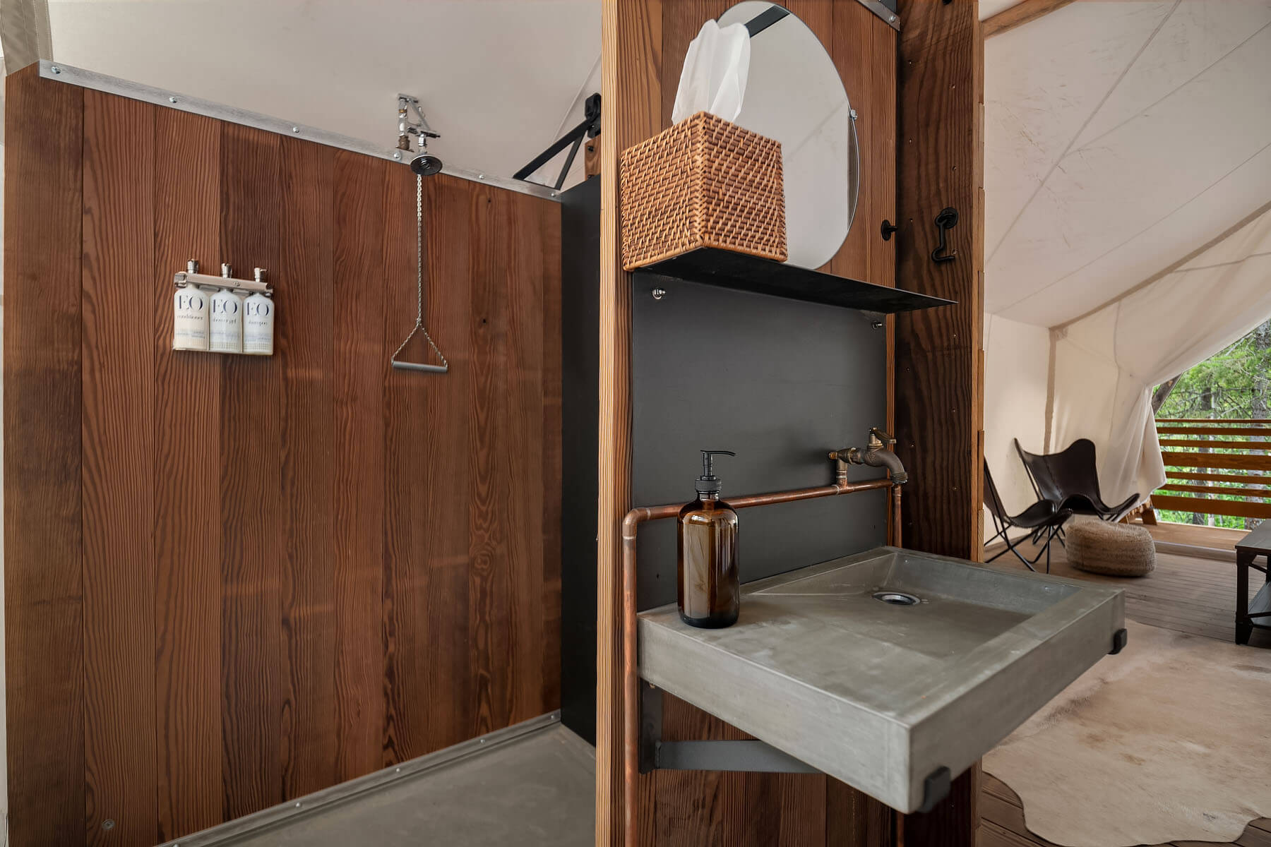 Under Canvas Glacier bathroom in a Suite tent