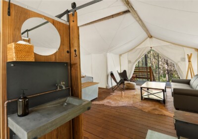 View of Bathroom Sink Under Canvas Glacier