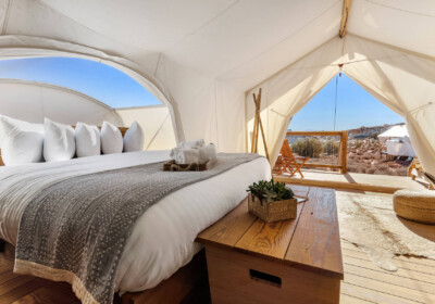 The inside of the glamping Stargazer tent is displayed at Under Canvas Lake Powell.