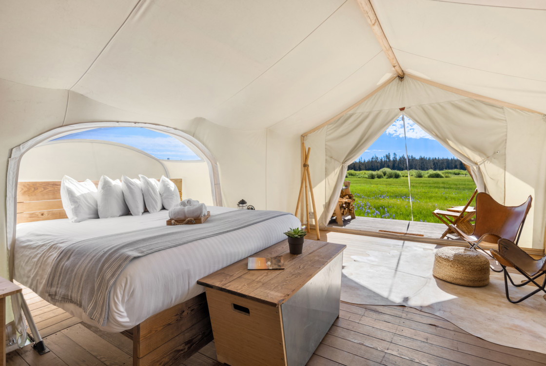 Under Canvas Yellowstone Stargazer Tent Interior with exterior view