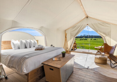 Under Canvas Yellowstone Stargazer Tent Interior with exterior view