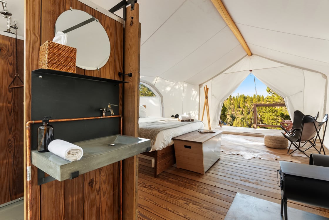 View of Sink and Interior of Stargazer Tent at Under Canvas Bryce Canyon