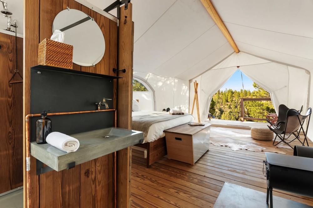 View of Sink and Interior of Stargazer Tent at Under Canvas Bryce Canyon