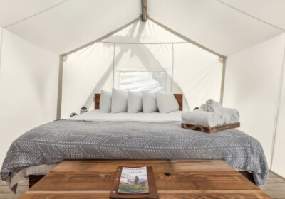 Suite tent interior at Under Canvas Acadia