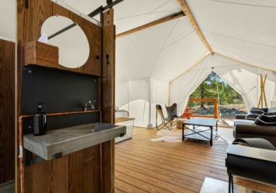 Suite Tent with view of bathroom sink at Under Canvas Bryce Canyon