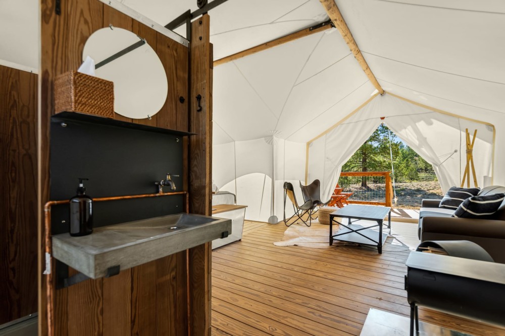 Suite Tent with view of bathroom sink at Under Canvas Bryce Canyon