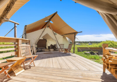 Under Canvas Yellowstone Madison River Suite view from three twin safari tent