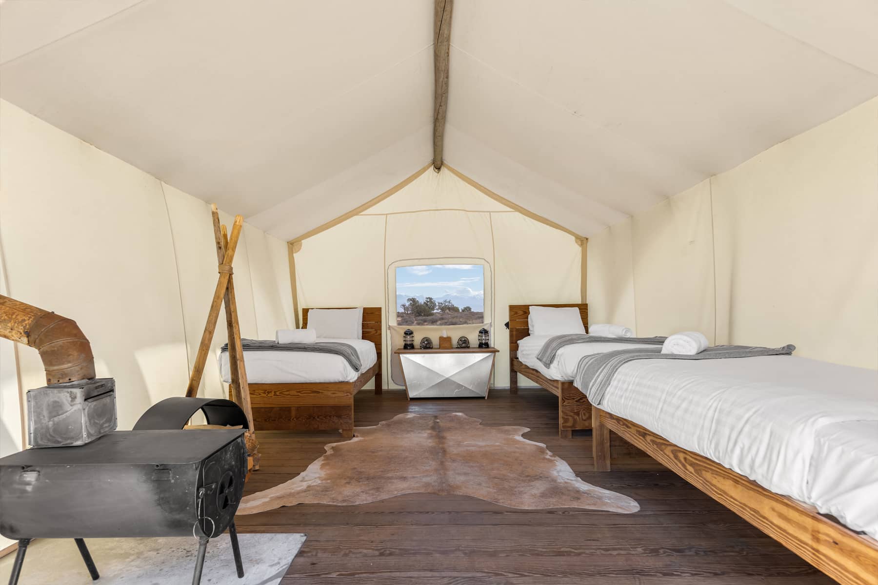 View of Safari Tent with Three Twins at Under Canvas Moab