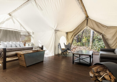 Suite tent interior looking out at forest at Under Canvas Great Smoky Mountains