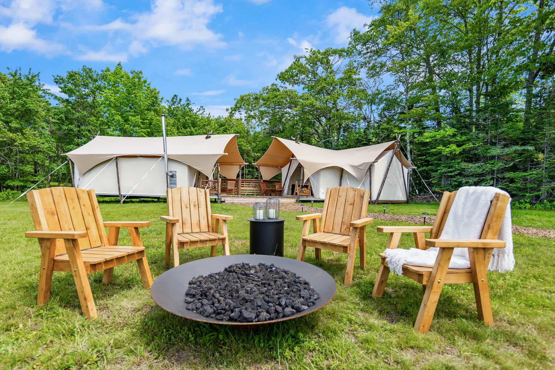 Cadillac Suite Tent Exterior with Private Firepit at Under Canvas Acadia