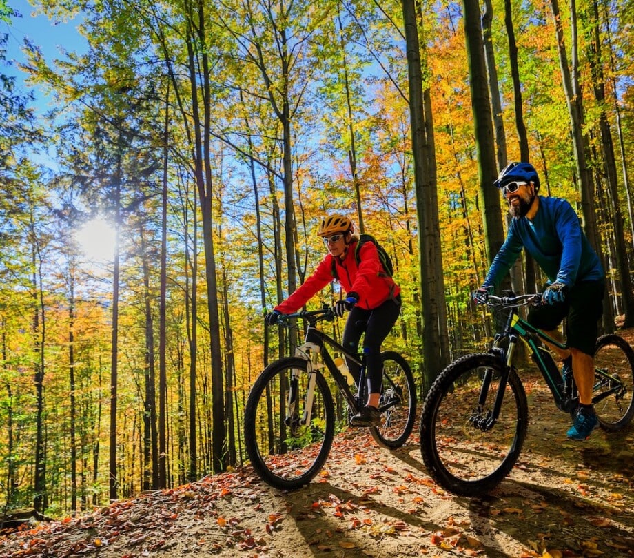 Two people mountain biking in the White Mountains during sunset.