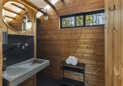 bathroom sink with mirror and window with forest view and wood panel interior