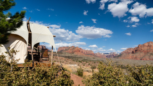 Tent overlooking canyon at Under Canvas Zion
