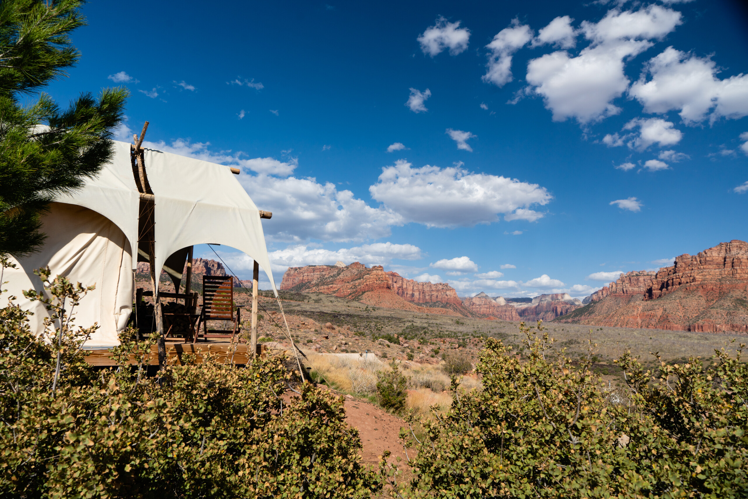 Tent overlooking canyon at Under Canvas Zion