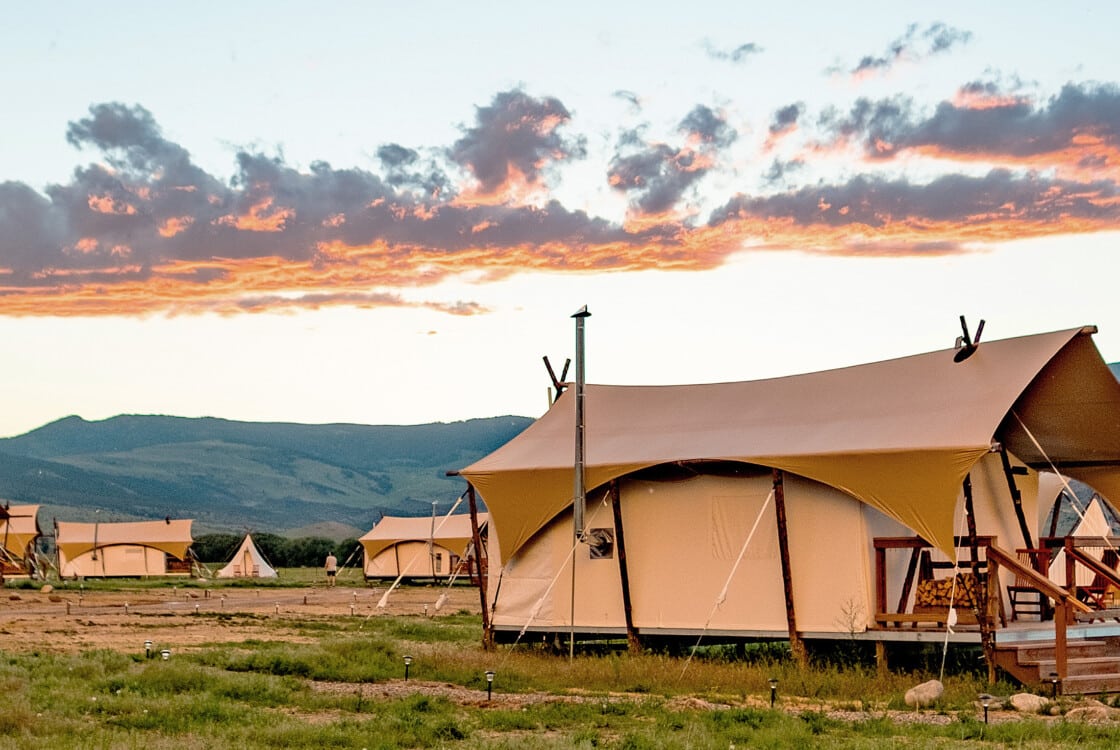Tents at sunset at Under Canvas North Yellowstone - Paradise Valley