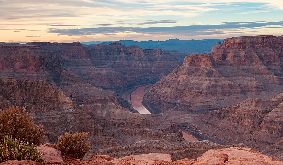 A view from the South Rim of the Grand Canyon including the Colorado River.