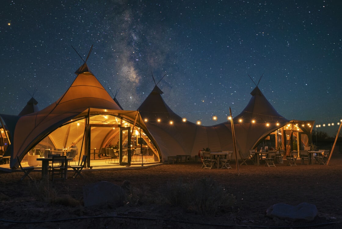 Main lobby tent under start night sky at Under Canvas grand cannyon