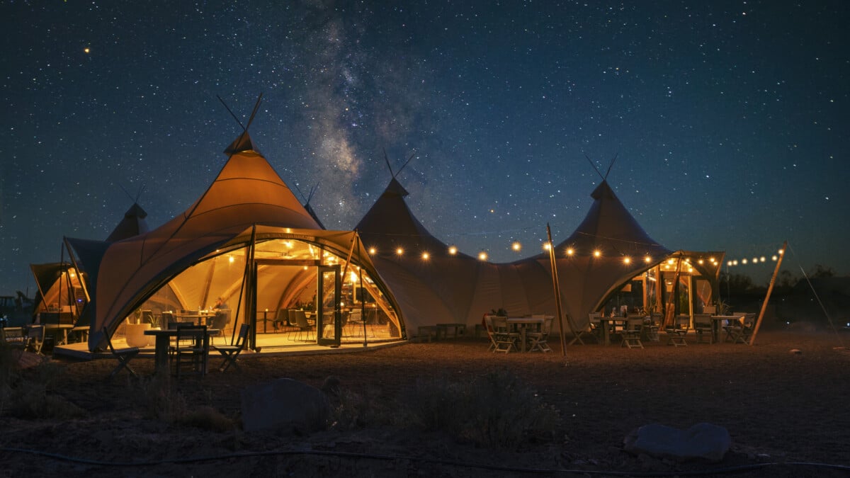 Main lobby tent under start night sky at Under Canvas grand cannyon