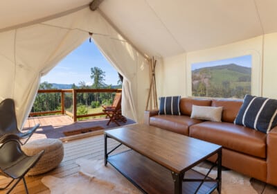 Under Canvas Columbia River Gorge Suite Tent seating area with view of valley in background