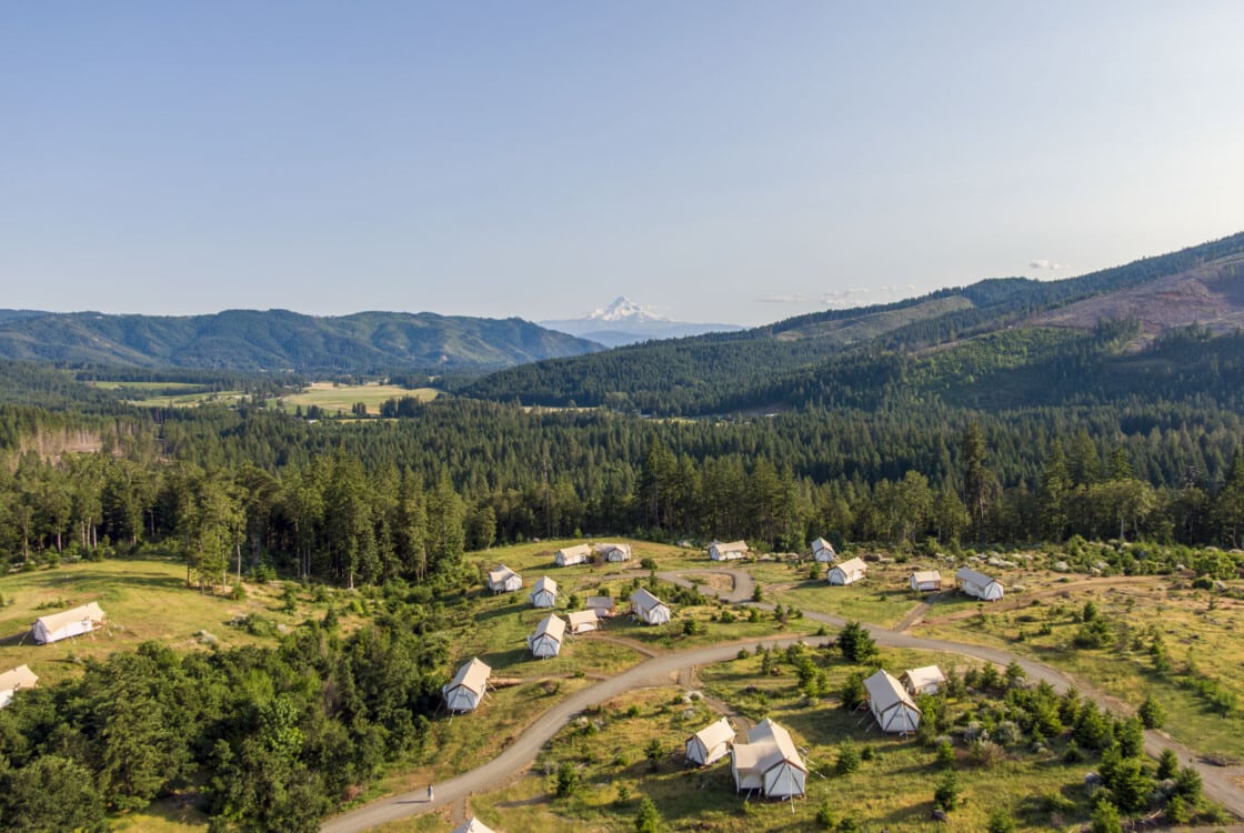 Birds eye view of Under Canvas Columbia River Gorge with view of Mount Hood.