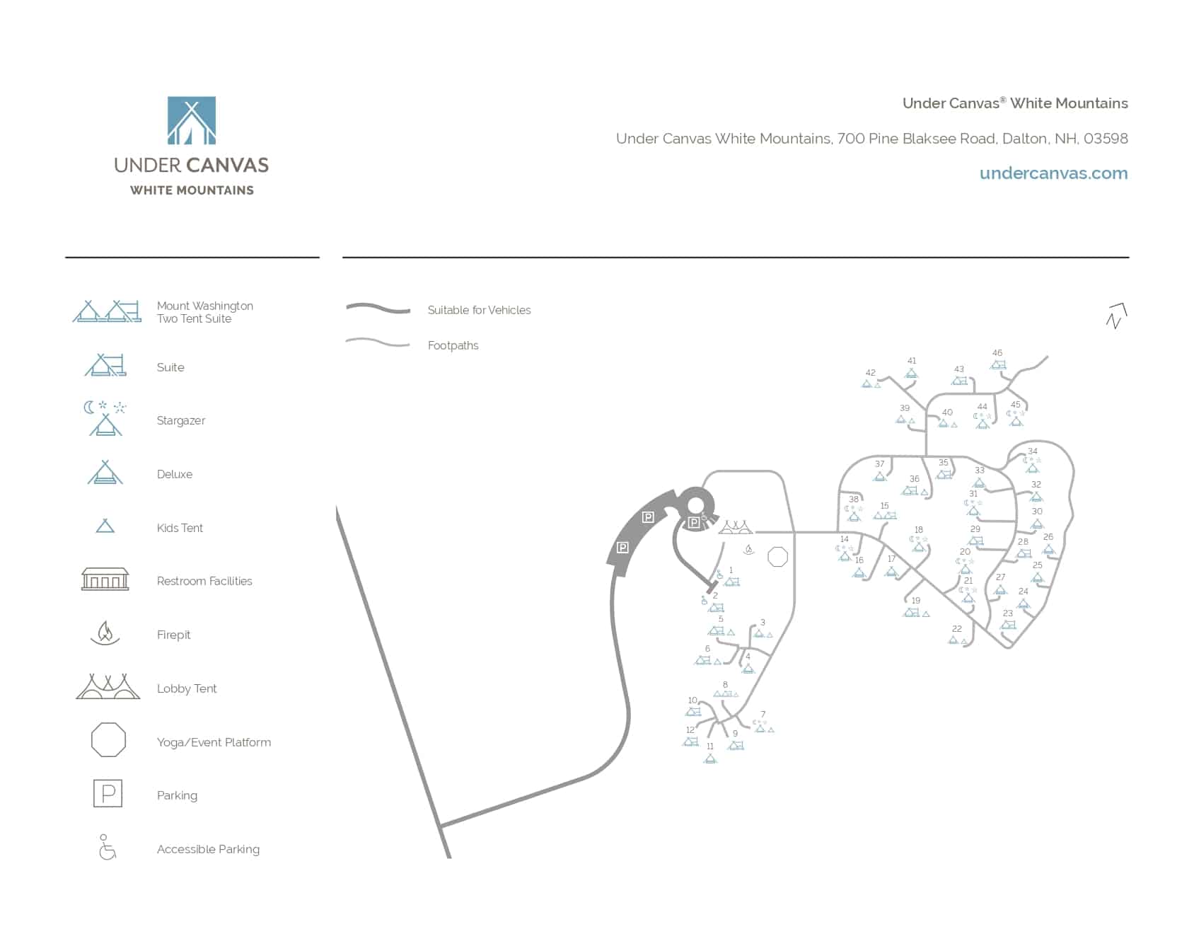 Camp map of Under Canvas White Mountains.