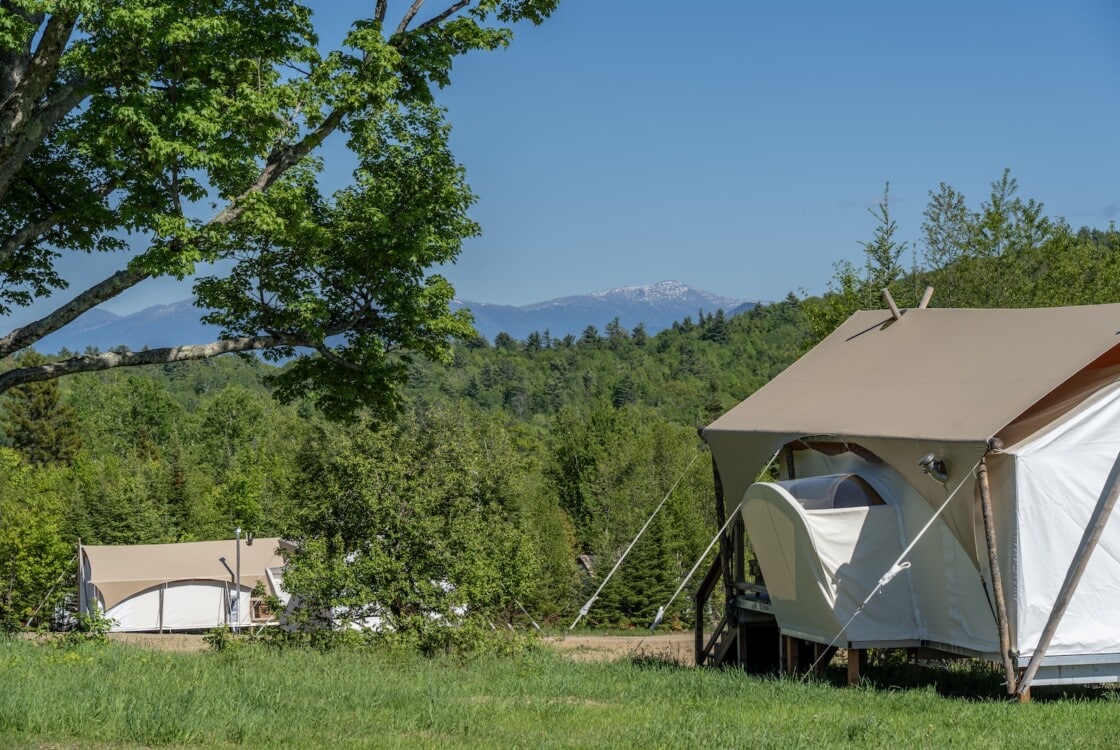 Stargazer tent at Under Canvas White Mountains with Mt. Washington in the background.