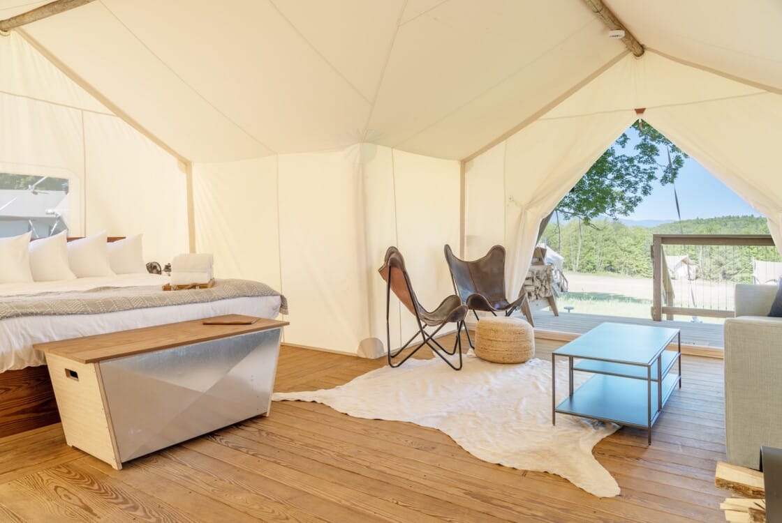 Interior of a suite tent at Under Canvas White Mountains.