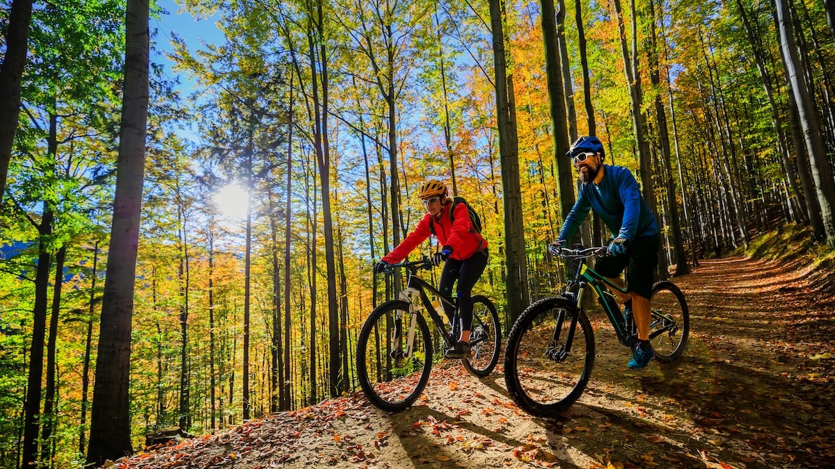 Cycling woman and man riding on bikes at sunset mountains forest landscape. Couple cycling MTB enduro flow trail track. Outdoor sport activity.