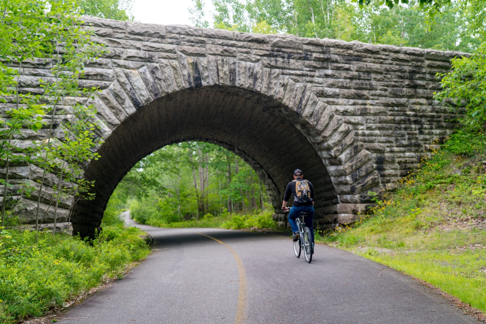 Man riding under a bridge on his bicycle