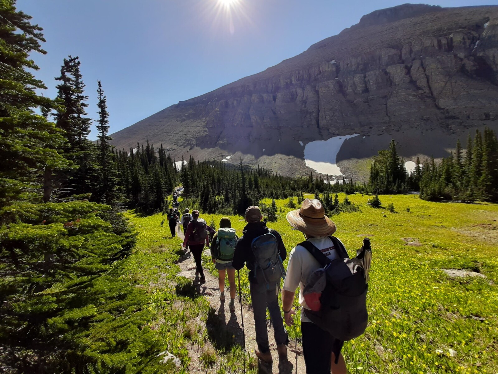 Group of hikers in a valley in Glacier National Park.