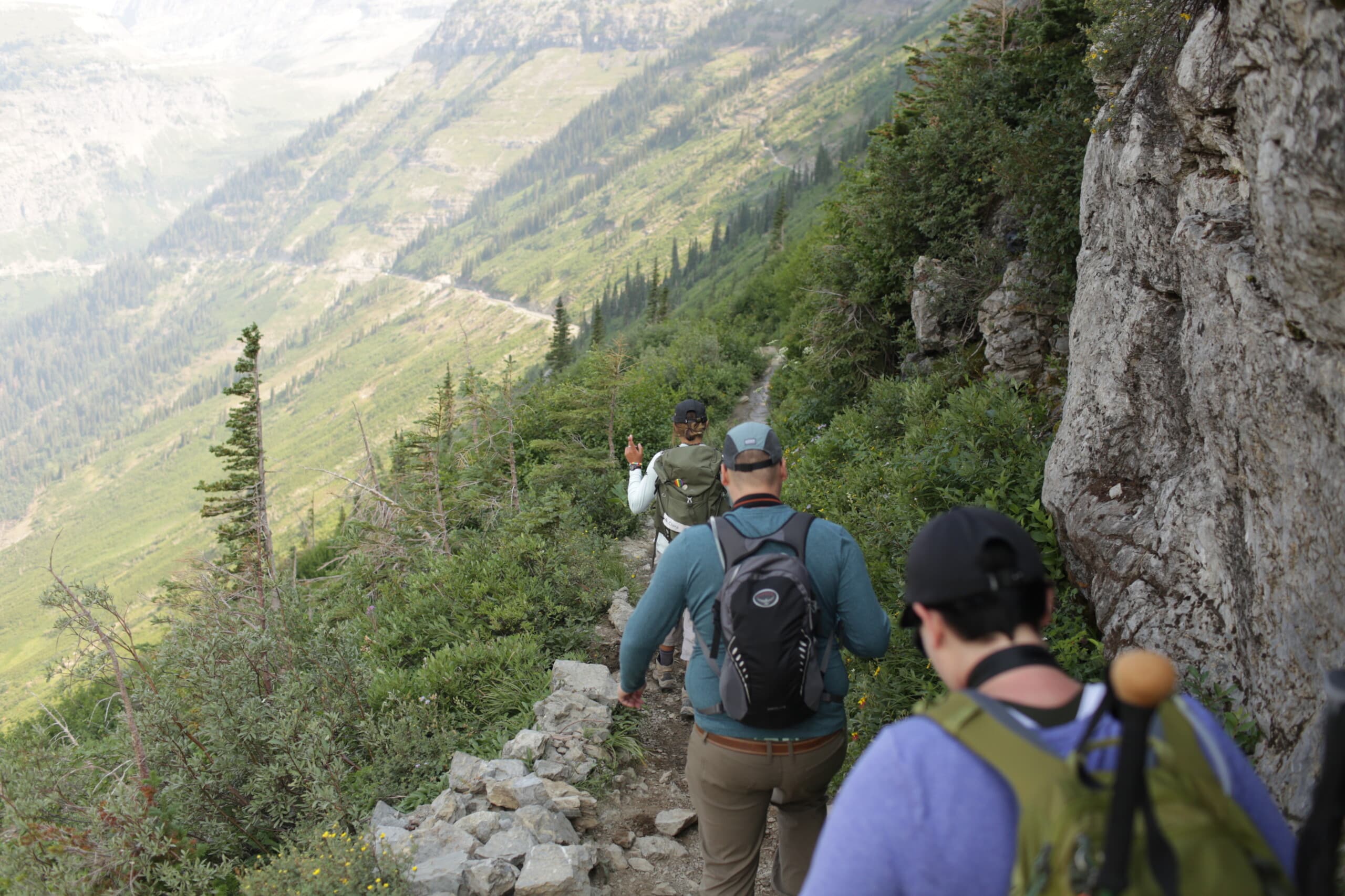 Group of hikers going down a trail in Glacier National Park.