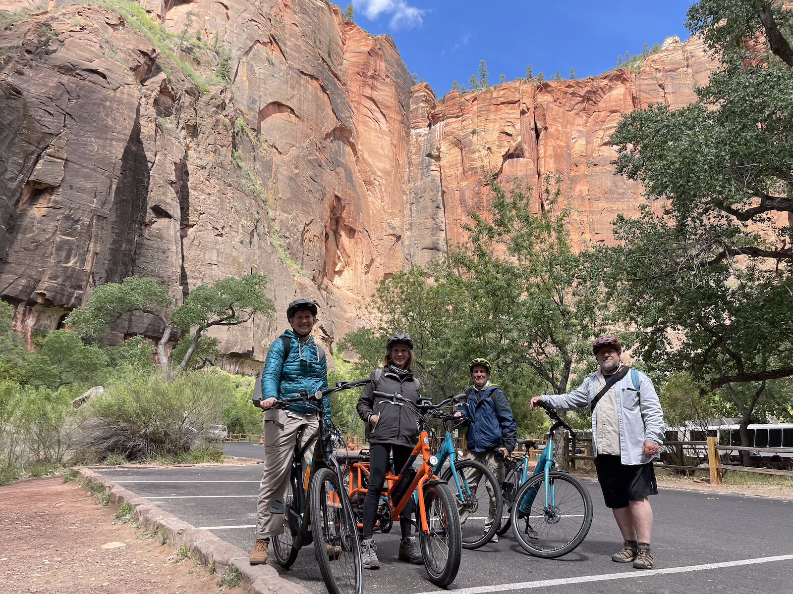 Group of people getting ready for a bike ride in Zion national park.