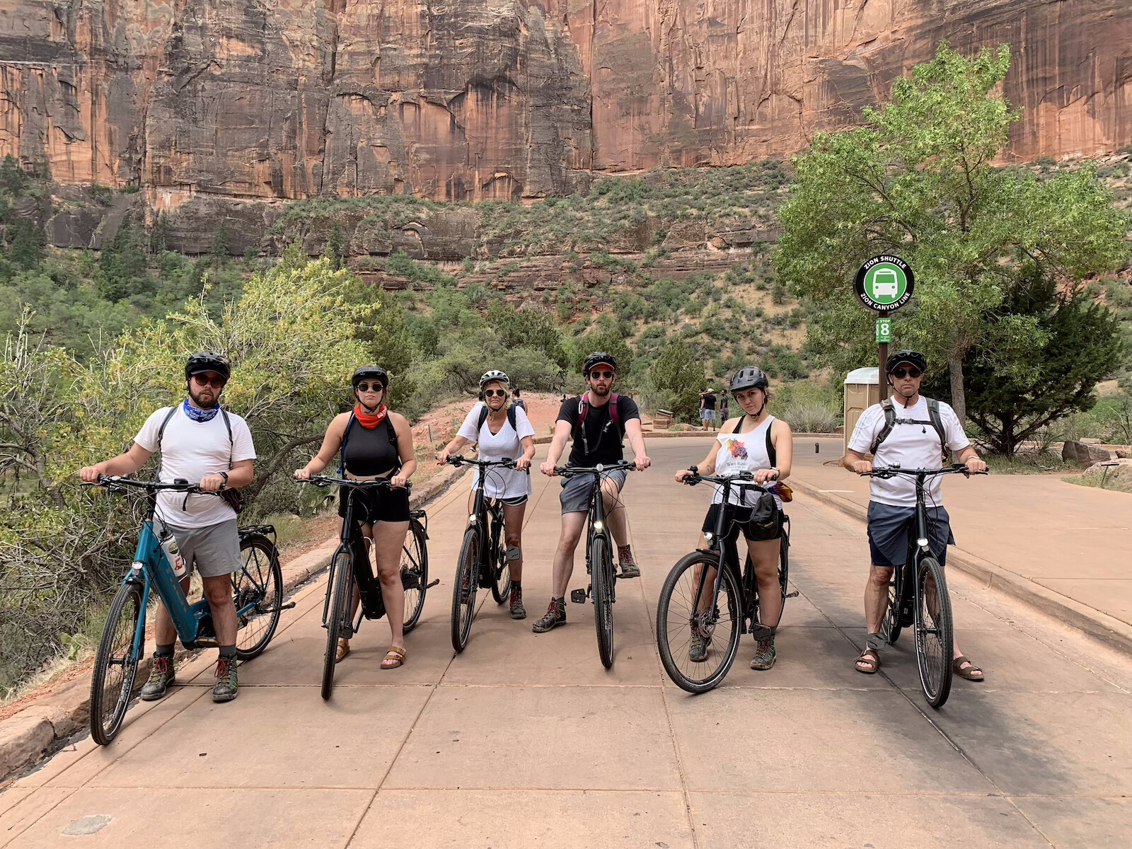Group of people with e-bikes in zion national park.