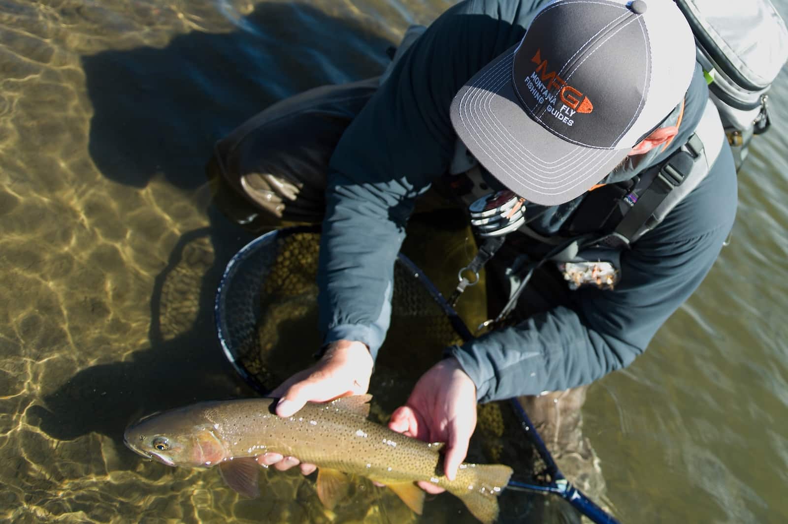 Man holding a trout he just caught in the water.