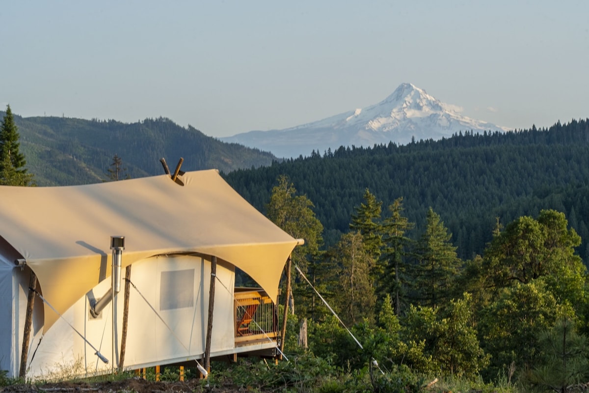 glamping tents with views of mount hood and trees