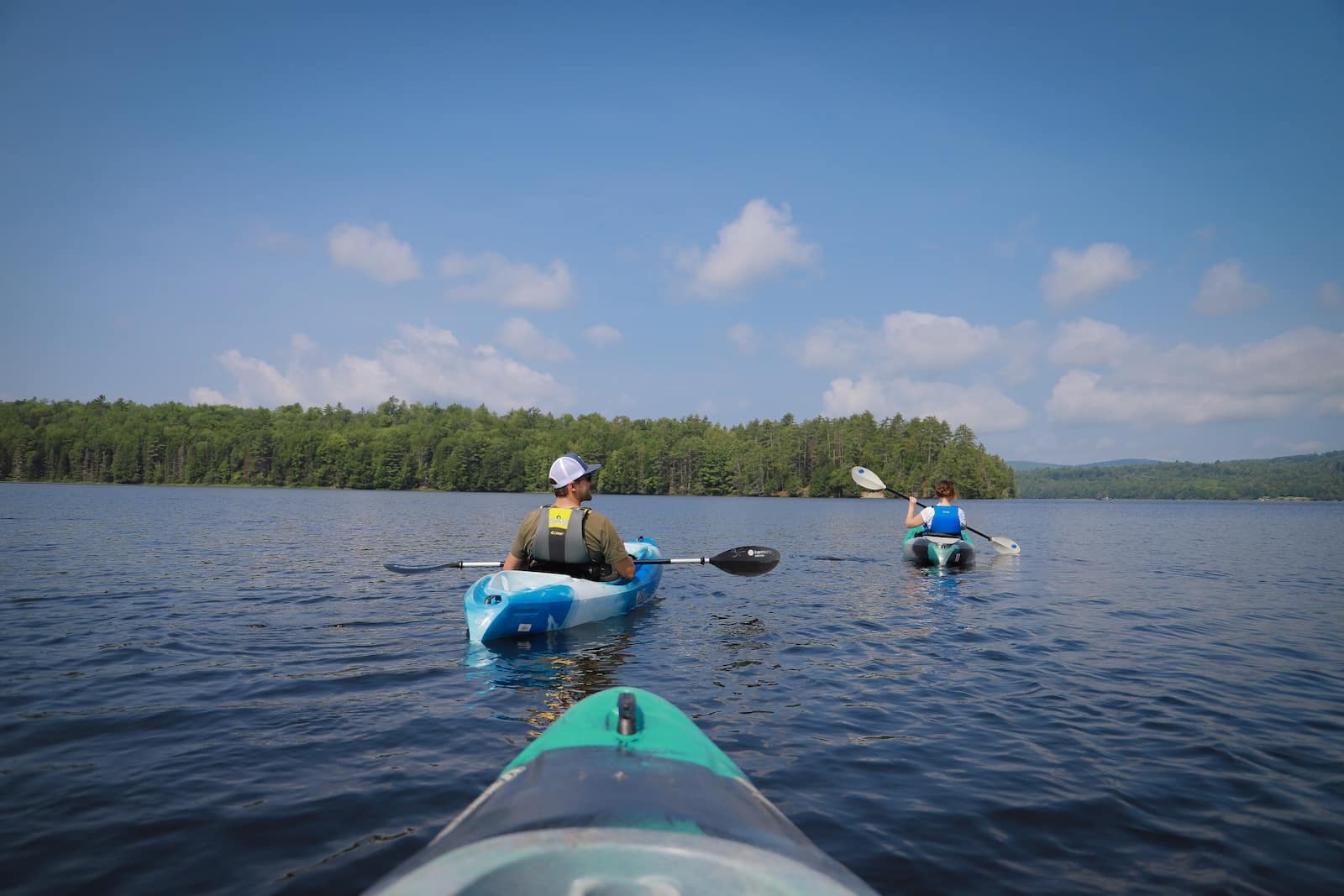 Group of kayakers on the Moore Reservoir in New Hampshire.