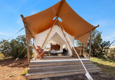Exterior of deluxe tent at Under Canvas Santa Fe.