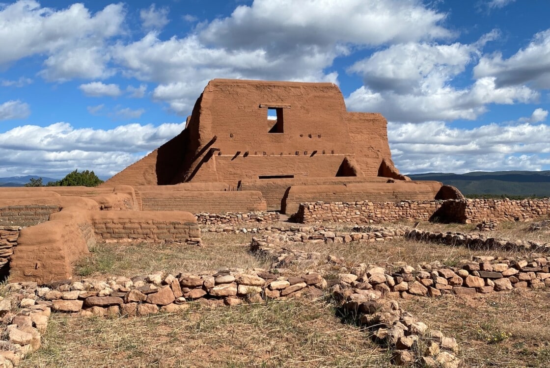 Pecos National Historic Park in New Mexico. Pecos Pueblo Mission Church Mission Nuestra Señora de los Ángeles de Porciúncula de los Pecos, a Spanish mission near the pueblo built in early 17th century