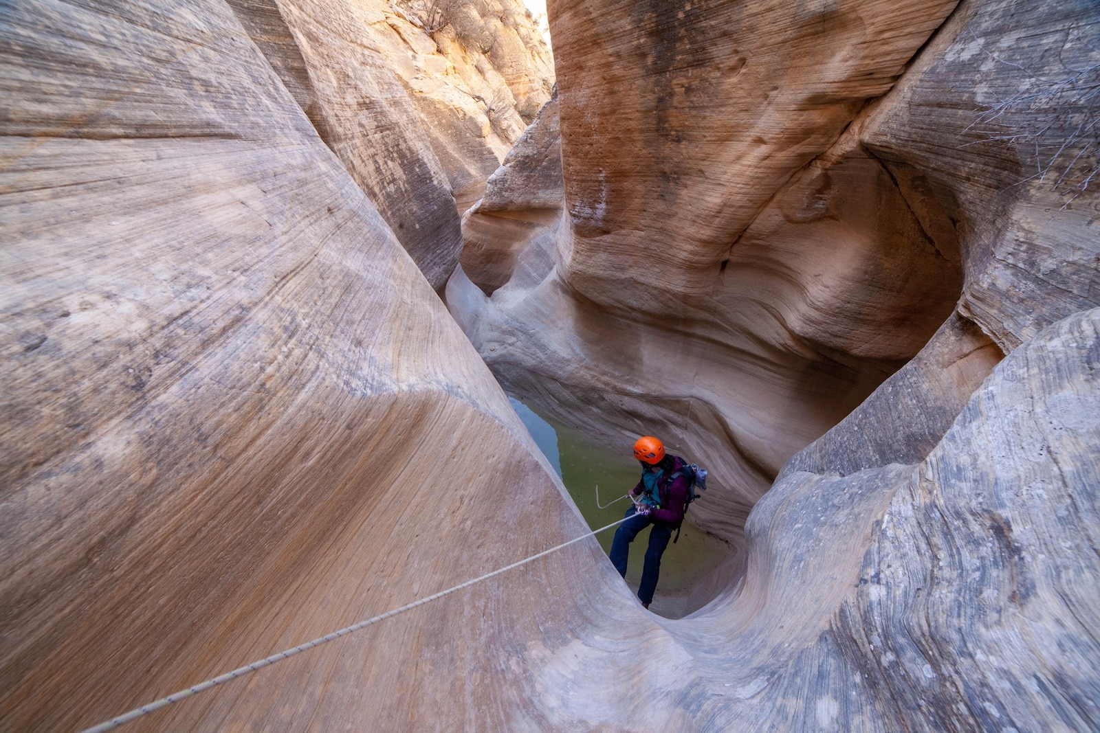 Person rappelling down a canyon near Zion National Park.