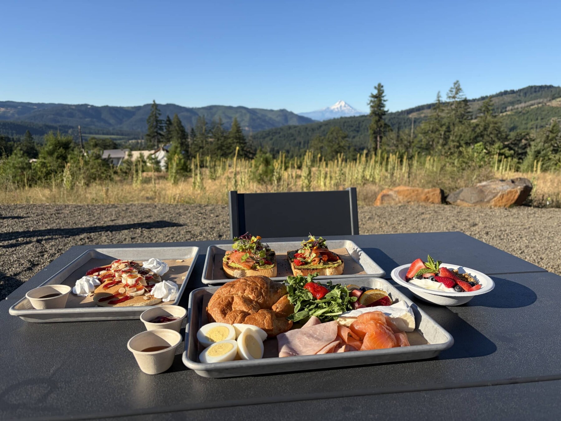 Breakfast at Under Canvas Columbia River Gorge with views of Mt. Hood.